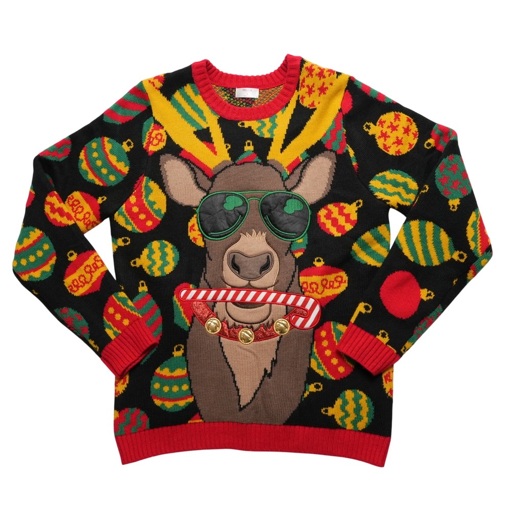 Holiday Time Ugly Christmas Sweater Mens M Black Reindeer Candy Cane